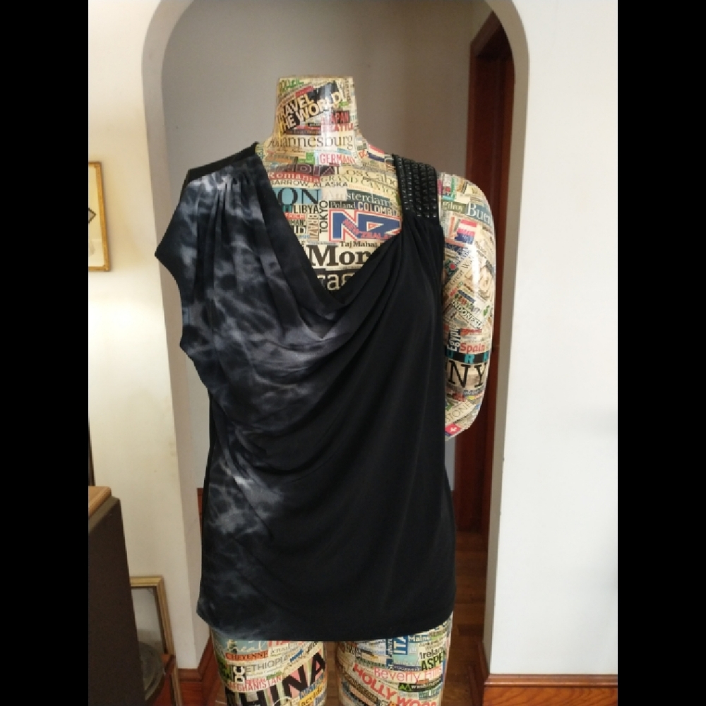 MICHAEL KORS Black Top, with Asymmetrical Cowl Neck, and Studded Strap. Medium.